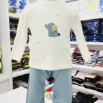 Conjunto de ropa para niño blanco con azul con un elefante bebé en el centro